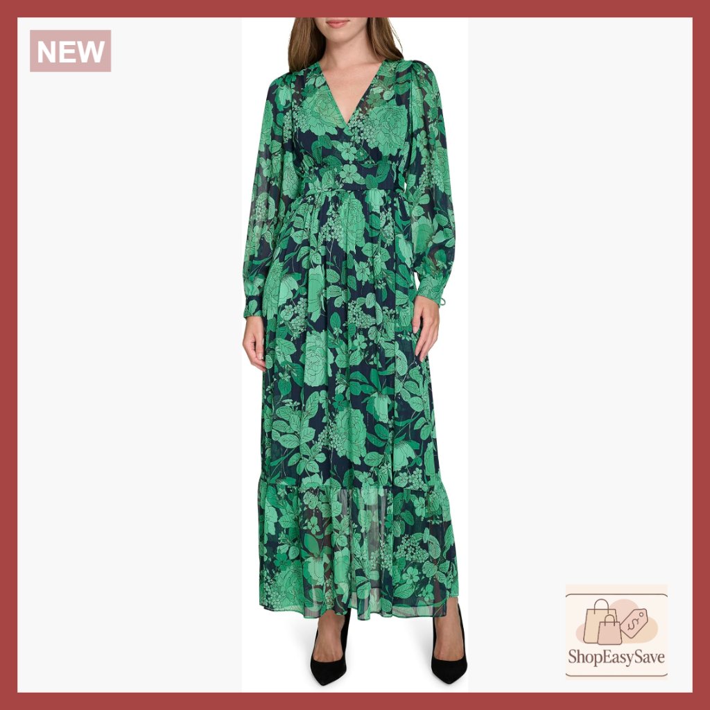 Balloon Sleeve Maxi Dress Surplice Neck Elegant Chic Travel Ready Polyester